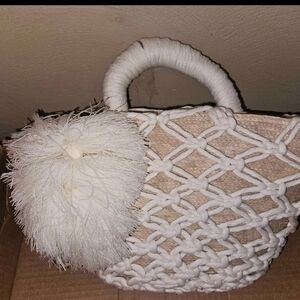 White and Tan Woven Handbag